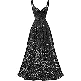 TTBFXHS A Line Sparkly Sequined Prom Dresses for Women, V Neck Formal Evening Gowns Cocktail Party Dresses with Straps