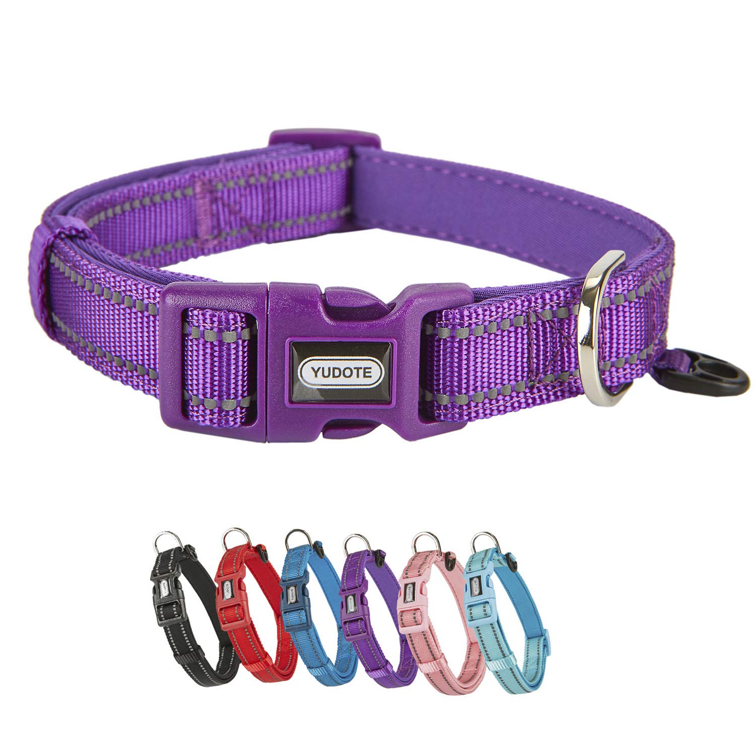 YUDOTE Dog Collar Medium Strong Reflective Nylon Webbing with Soft Comfy Neoprene Padded Linning for Medium Dogs Daily Use,Vibrant Purple
