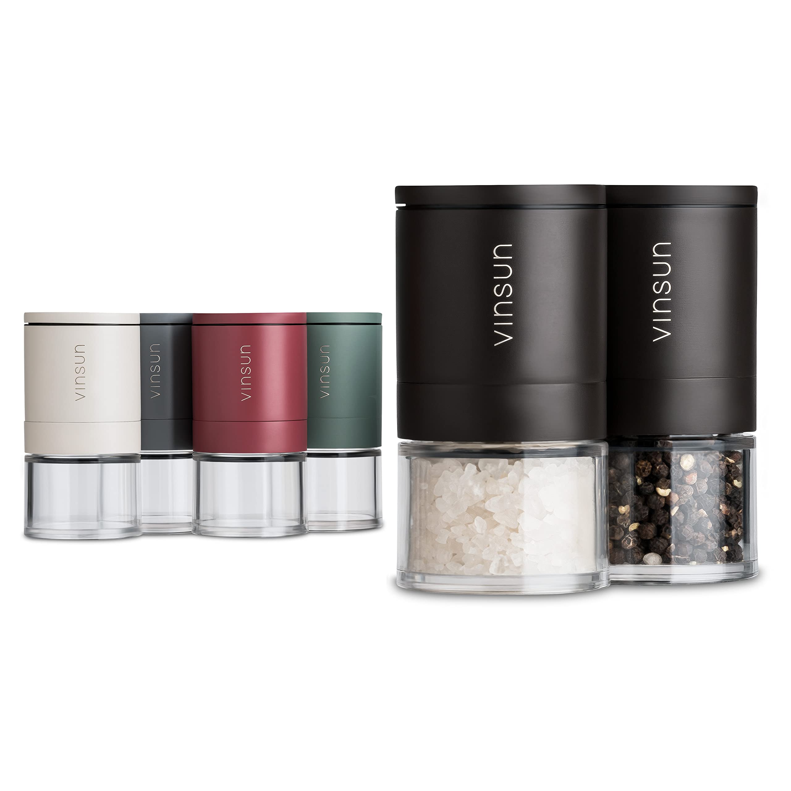 Vinsun Salt and Pepper Grinder Set Black - 2X Small Mill refillable ø51x100mm - Adjustable Ceramic Grinder, Stainless Steel - Spice Mills