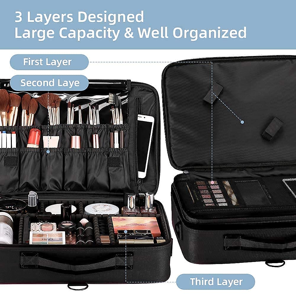 GZCZ 3 Layers Large Capacity Travel Professional Makeup Train Case Cosmetic Brush Organizer Portable Artist Storage bag 16.5 inches with Adjustable Dividers and shoulder strap for Make up Accessories : Beauty