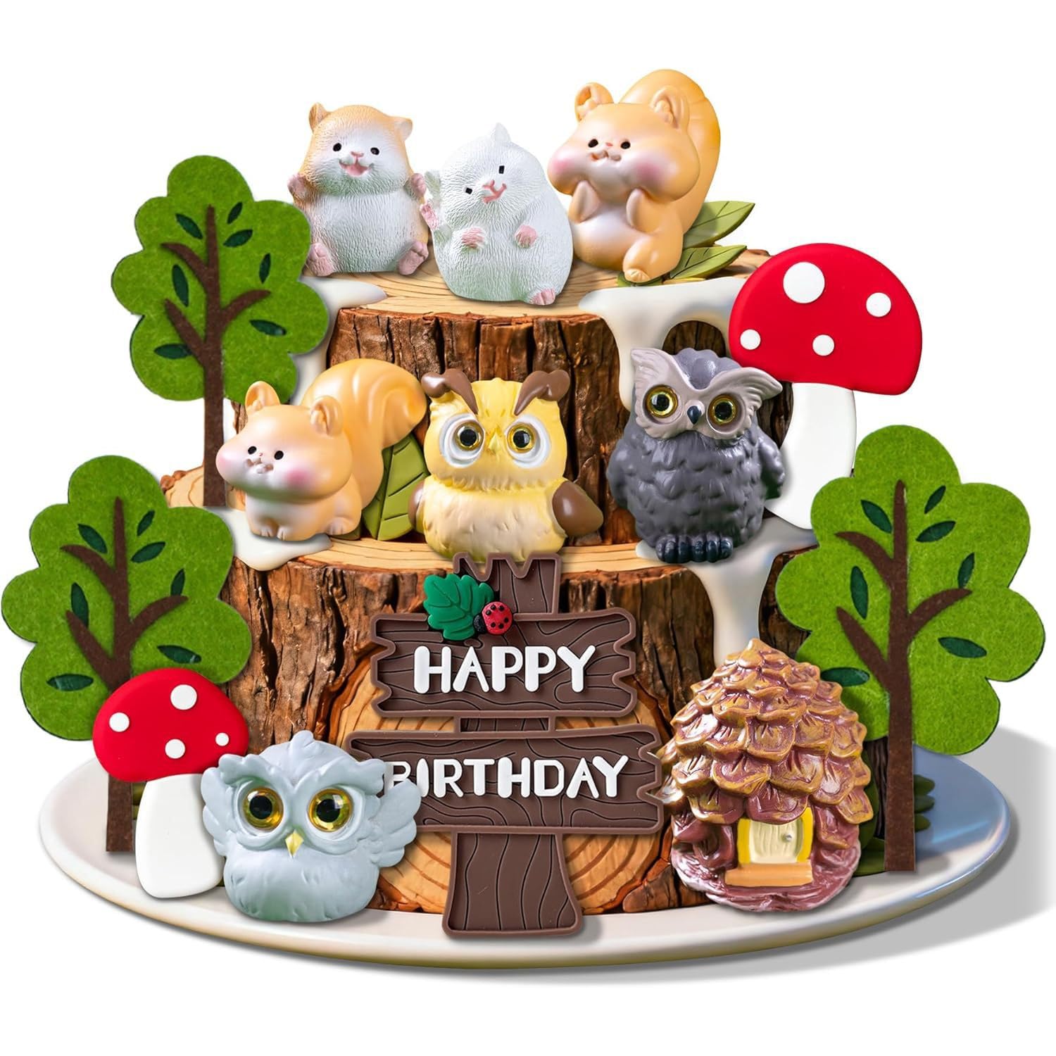 14 Piece Forest Animal Cake Decorations, Animal Birthday Cake Decorations, Woodland Animal Birthday Squirrels, Owls, Pinecone Houses, Hamsters, Trees, Mushroom Figurines, Kids' Birthday Party Supplies