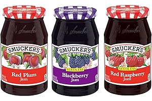 NARROW PATH SALES Smucker's Jam Variety Pack Sampler, Bundle of 3 Different Flavors. Flavors Include: Red Raspberry Jam (seedless); Blackberry Jam (seedless); and Red Plum Jam. Food Gift Box