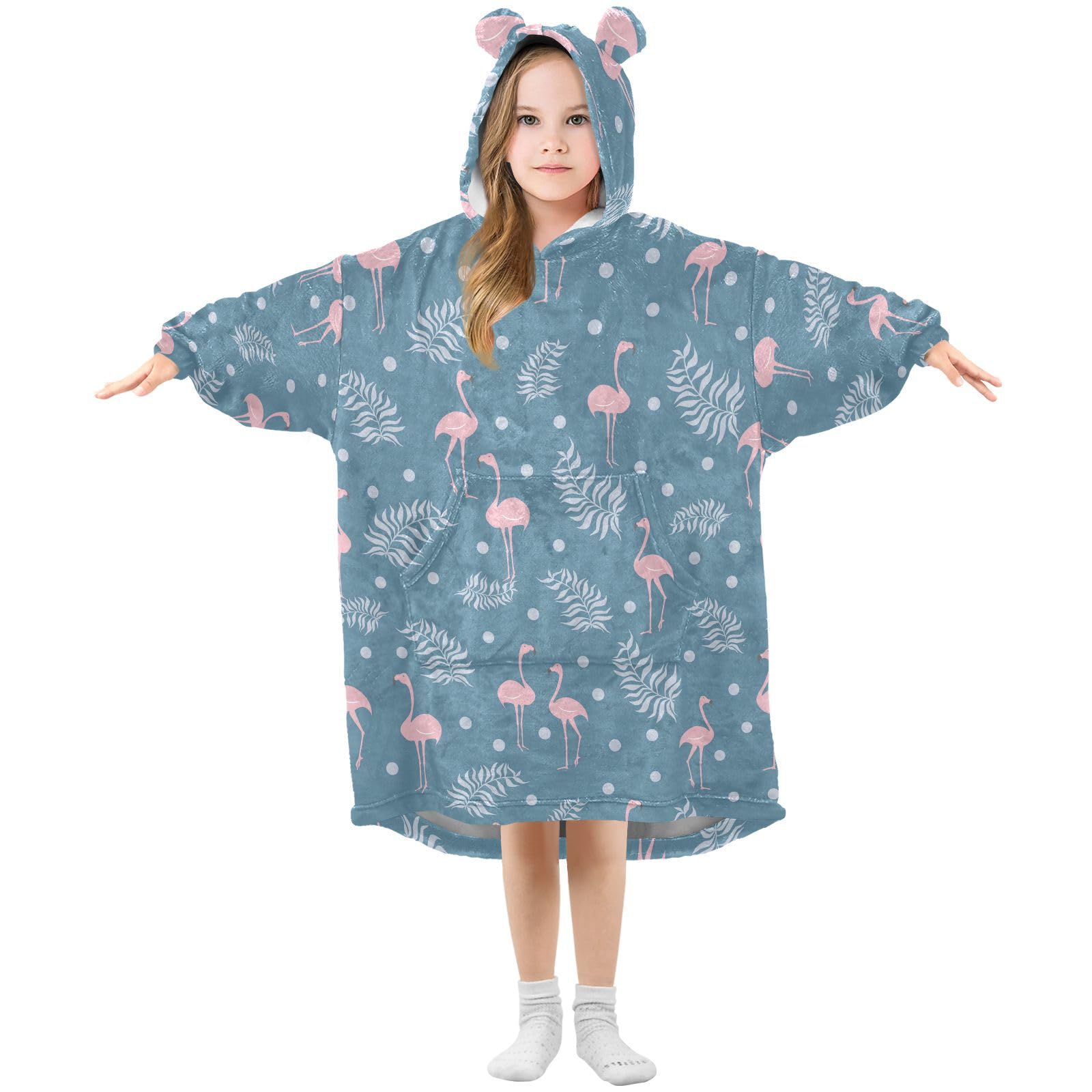 Oversized Blanket Hoodie for Kids Adult Girls Boys, Fleece Hoodie Blanket Flamingo and Plant Foliage Super Warm Plush Wearable Blanket Hoodie Sweatshirt with Roomy Pocket, Large