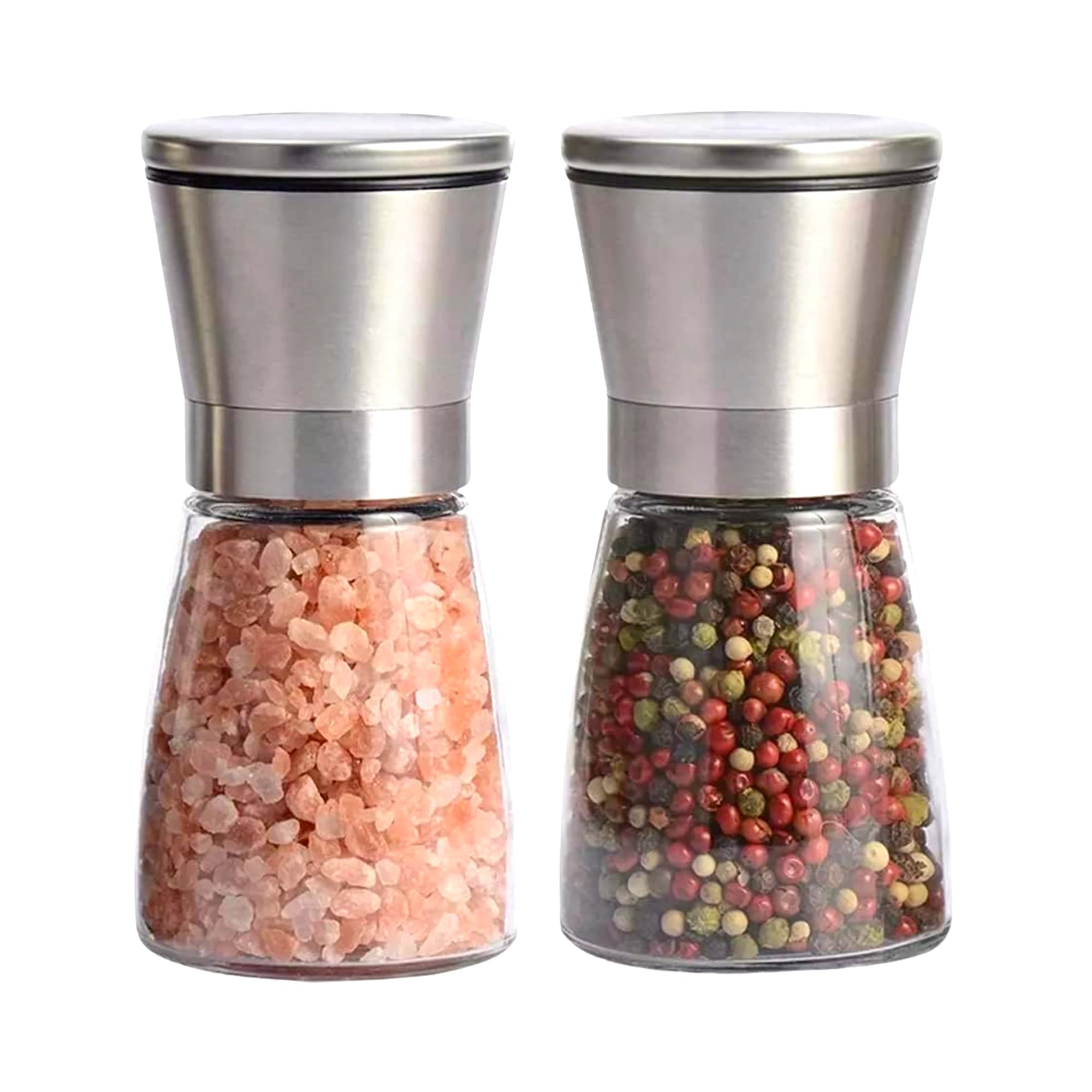 Requisite Needs Salt and Pepper Grinder Mill Set Salt and Pepper Shakers Brushed Stainless Steel Glass Body and Adjustable Coarseness Spice Mill Set Silver