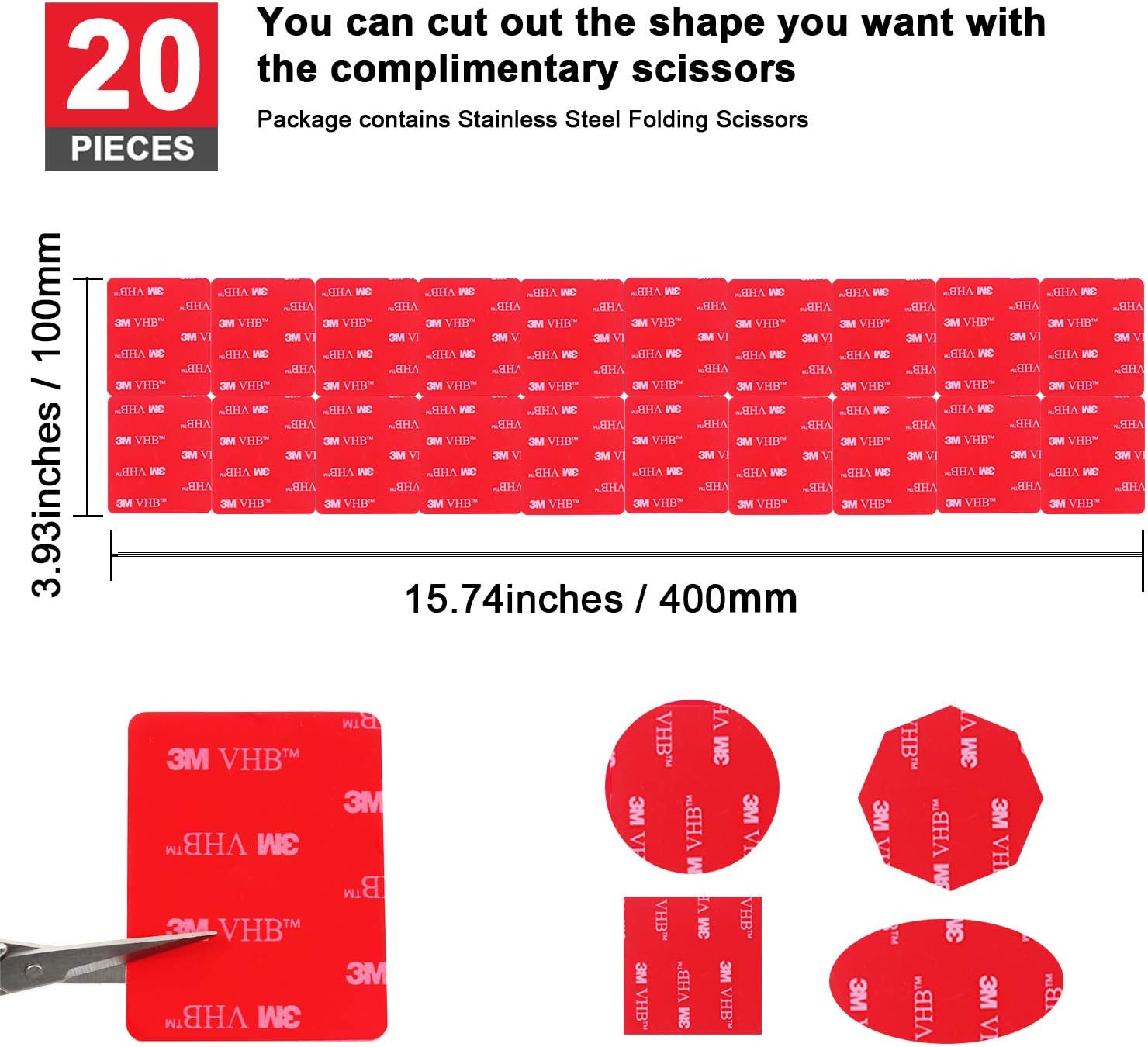 3M Double Sided Adhesive Tape Pads 20 PCS - OAPRIRE Multipurpose 3M VHB Sticky Adhesive Pads Replacement Mounting Tape with Stainless Steel Folding Scissors and Storage Box - 1.96 in x 1.57 in: Industrial & Scientific