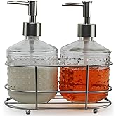 Circleware 32470 Dispenser Bottle Pumps in Metal Caddy with Brushed Finish Set of 2 Bathroom Accessories Home Decor for Essential Oils, Lotions, Liquid Soaps, 17.5 oz, Nickel Hobnail