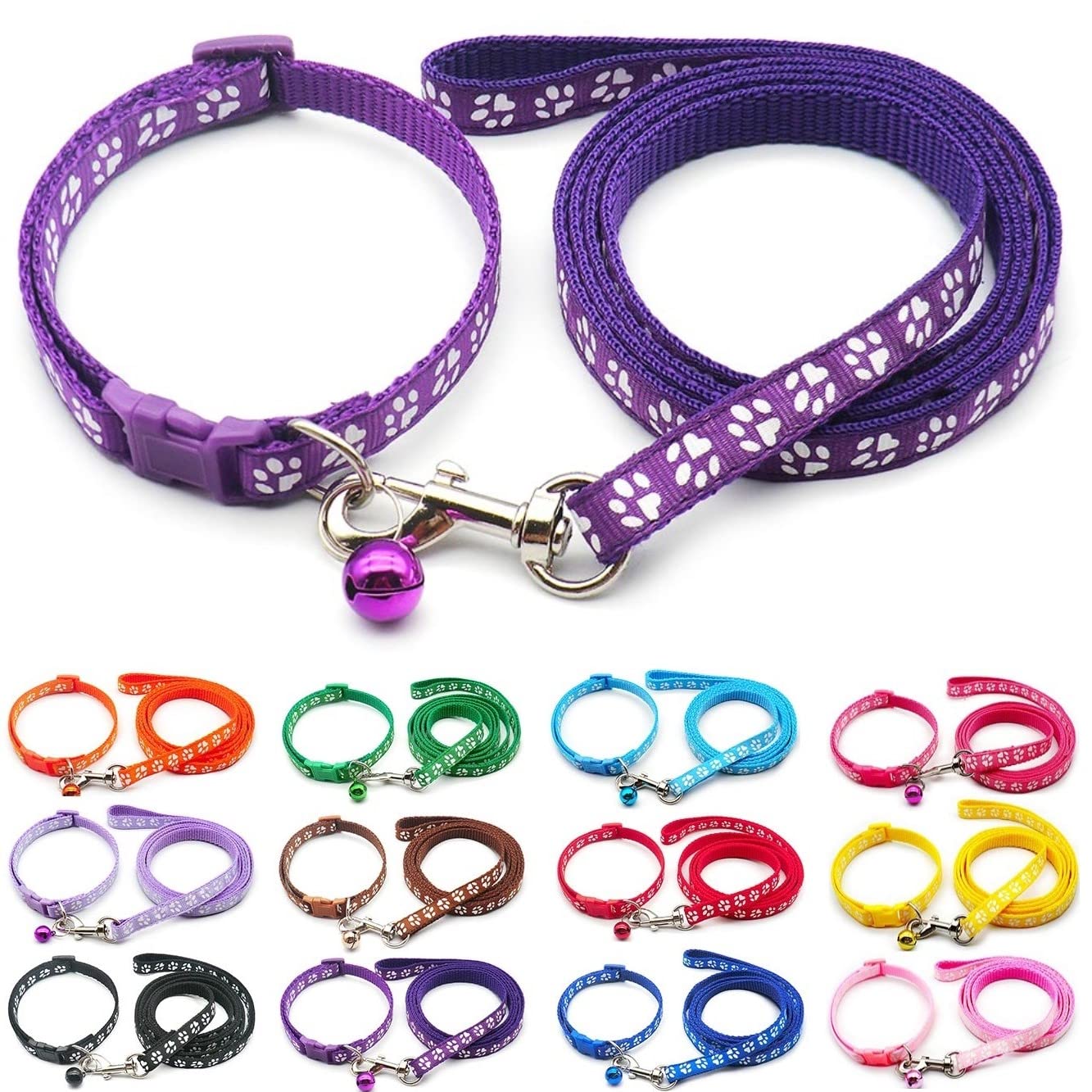 Small Dog Puppy Pet Collar and Lead Set Pawprint Design Nylon Adjustable Size 19-32cm Collar with Bell and 120cm Leash Purple