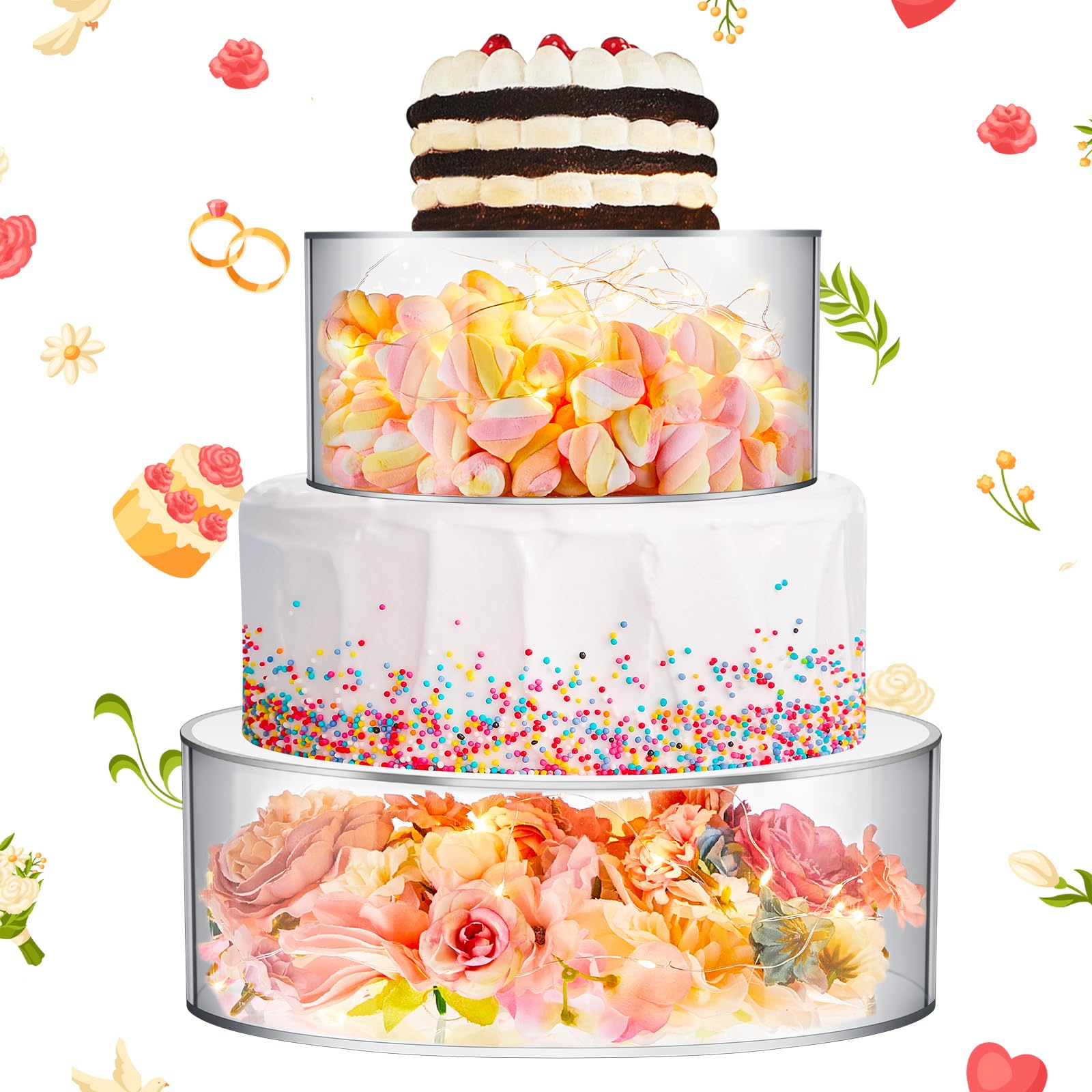 Photo 1 of Sunnyray 2 Pcs Acrylic Cake Stands for Dessert Table Clear Fillable Cake Riser Cupcake Cake Tier with LED Strings for Birthday Wedding Holiday Party Display(6'', 8'')