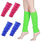 LUSTRIB 3 Pairs Neon Leg Warmers Set, Knit Ribbed Leg Warmers for Girls 80s Women, Breathable Acrylic Elastic Fibers for Yoga Ballet Dance, 80s Party Accessories (Pink, Green, Blue)