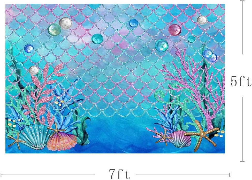 MEHOFOTO 7x5ft Under The Sea Blue Photography Backdrop Ocean Mermaid Theme Girl Birthday Party Decoration Pearls Starfish Shell Ocean Theme Baby Shower Photo Studio Booth Background Banner - Image 4
