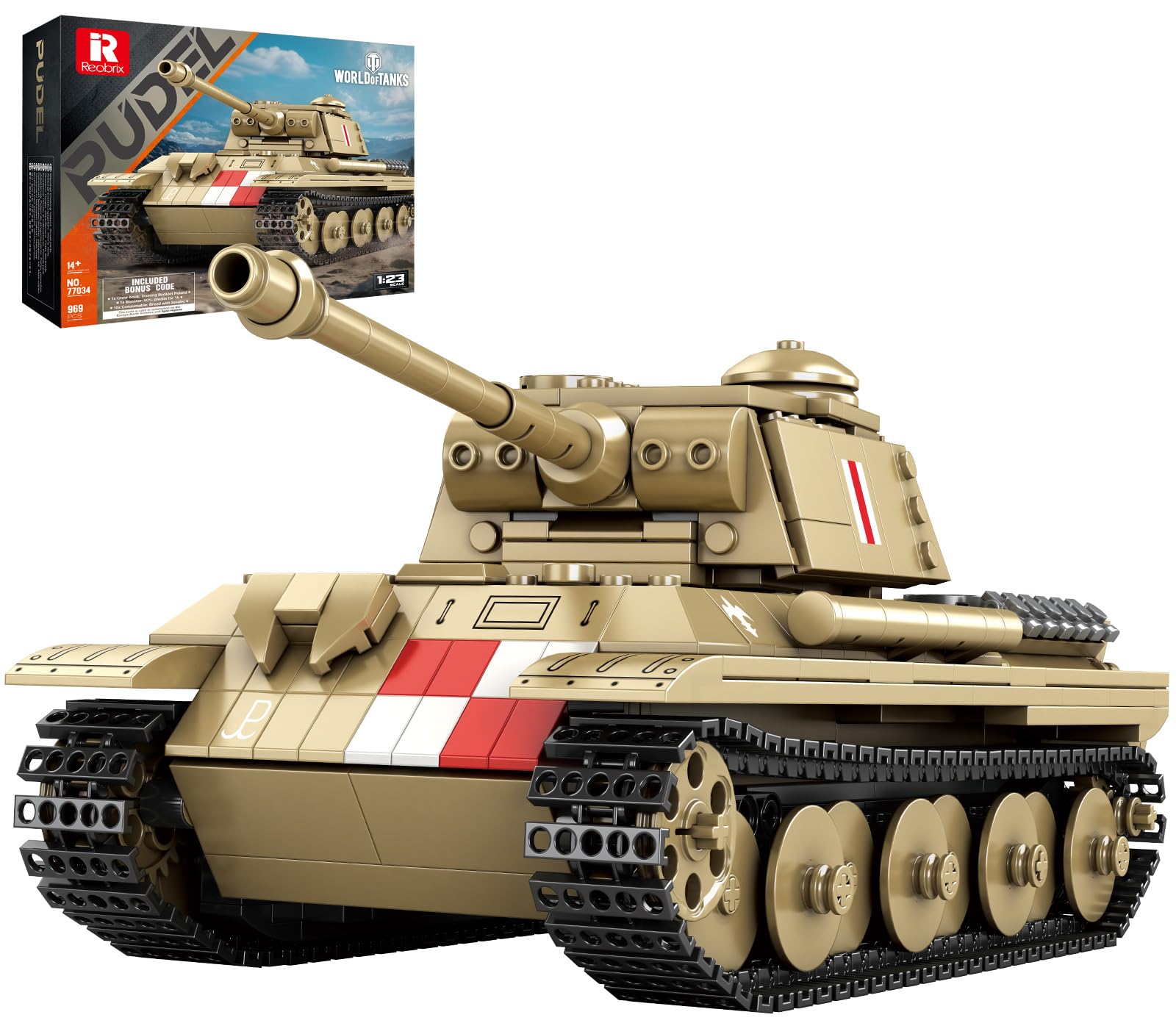 Reobrix Pudel Tank Building Block Set for Adult, WW2 Military German Tank Model Set 77034, World of Tanks Authorized, MilitaryToys Building Set for Military Fans Boys Kids Age 14+ (969PCS)