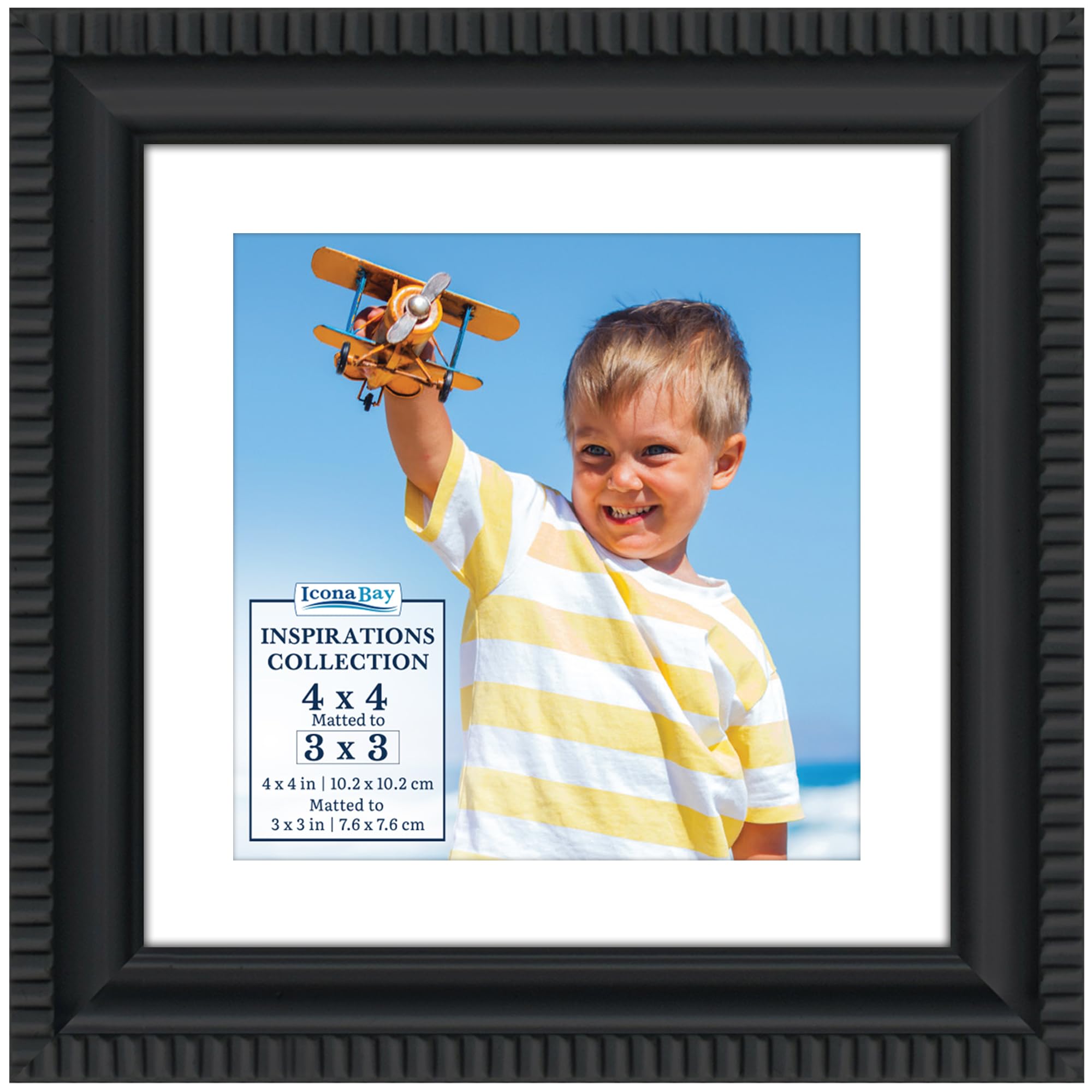 Icona Bay - 4x4 Black Picture Frame with Removable Mat for 3x3 Photo - Beautifully Detailed Molding - Contemporary Picture Frame - Wall Mount or Table Top - Inspirations Collection
