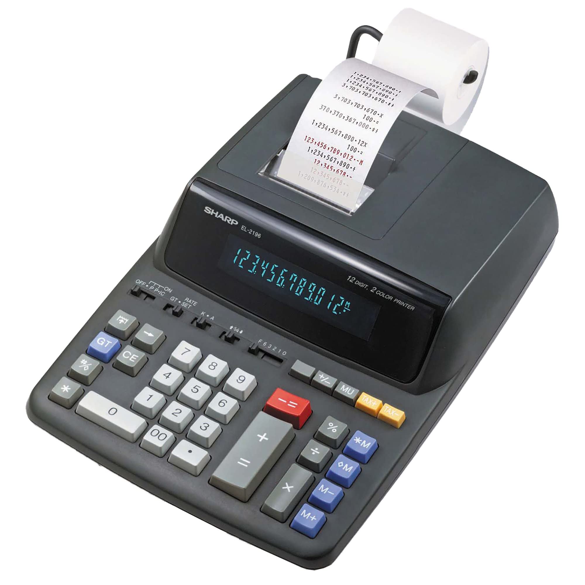 Sharp 12-Digit Print Calculator Desktop Size Adding Machine, Perfect for Everyday Use and Office, Bright, Large Easy-to-Read Numbers on Both The Display and The Two-ColorPrinted Tape (EL2196BL)