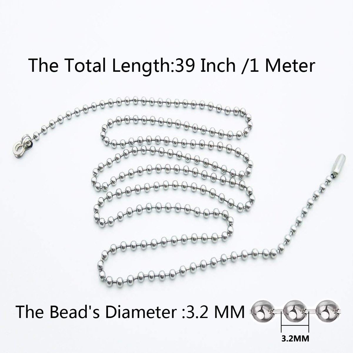 4 pack Beaded Pull Chain Extension, Each Chain Length 39 Inch (1 Meter) with Two Additional Matching Connectors, 3.2 mm Diameter Beaded, Silvery - - 