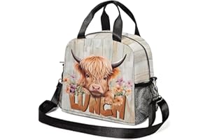 WOBAGMEN Lunch Box Kids,Small Insulated Lunch Bag for Girls Highland Cow Lunch Bag with Water Bottle Holder Cute Lunch Totebag with Shoulder Strap for Women School Work Picnic