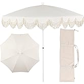 JONATHAN Y UMB1005E Mariner 6.5 ft. Classic Cottage Fringe Tassel Market Beach Umbrella with Push Button Tilt, Wind Vent and UV Protection, and Matching Carry Bag in Cream, White Pole