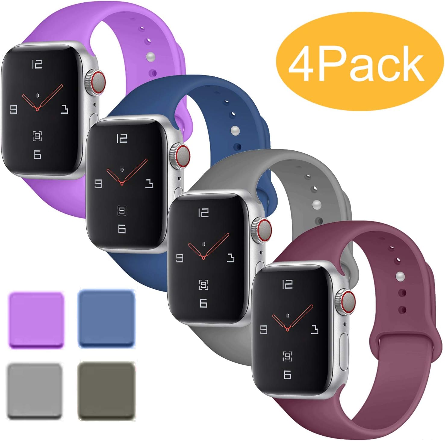 Misker Sport Band Compatible with for Apple Watch Band 38mm 40mm 42mm 44mm, Soft Silicone Sport Strap Compatible with iWatch Series 5 4 3 2 1 (Purple/Royal Blue/Grey/Wine red, 42mm/44mm M/L)