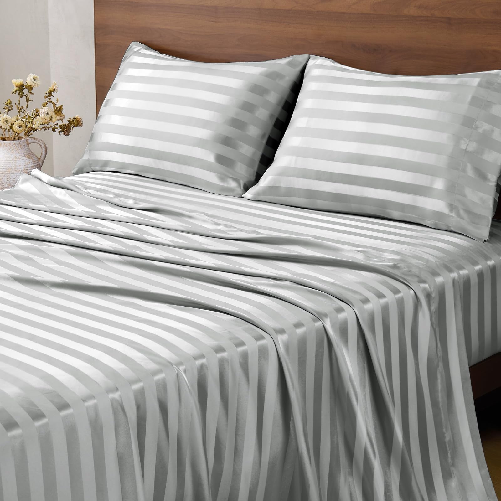 BEDELITE Satin Sheets Cal King, Luxury Jacquard Striped Light Grey Bedsheets with Elastic Corner Straps, Similar to Silk Sheets Set 4 PC with 1 Deep Pocket Fitted Sheet, 1 Flat Sheet, & 2 Pillowcases