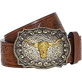 SUMERSHA Western Cowboy Belt for Men Women Adjustable Brown Leather Floral Engraved Buckle Longhorn Bull Pattern, 45 Inch, 7 Holes