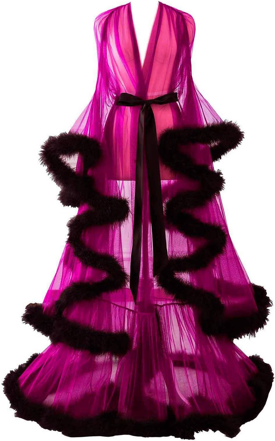 Sexy Illusion Long Lingerie Robe Nightgown Bathrobe Sleepwear Feather Bridal Robe Wedding Scarf