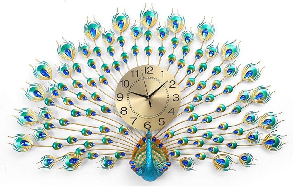 UHRKS H-ClocksLarge Peacock Wall Clock,Living Room European Clocks Creative Home Decoration Mute Electronic Quartz Clock,B,100 * 66CM