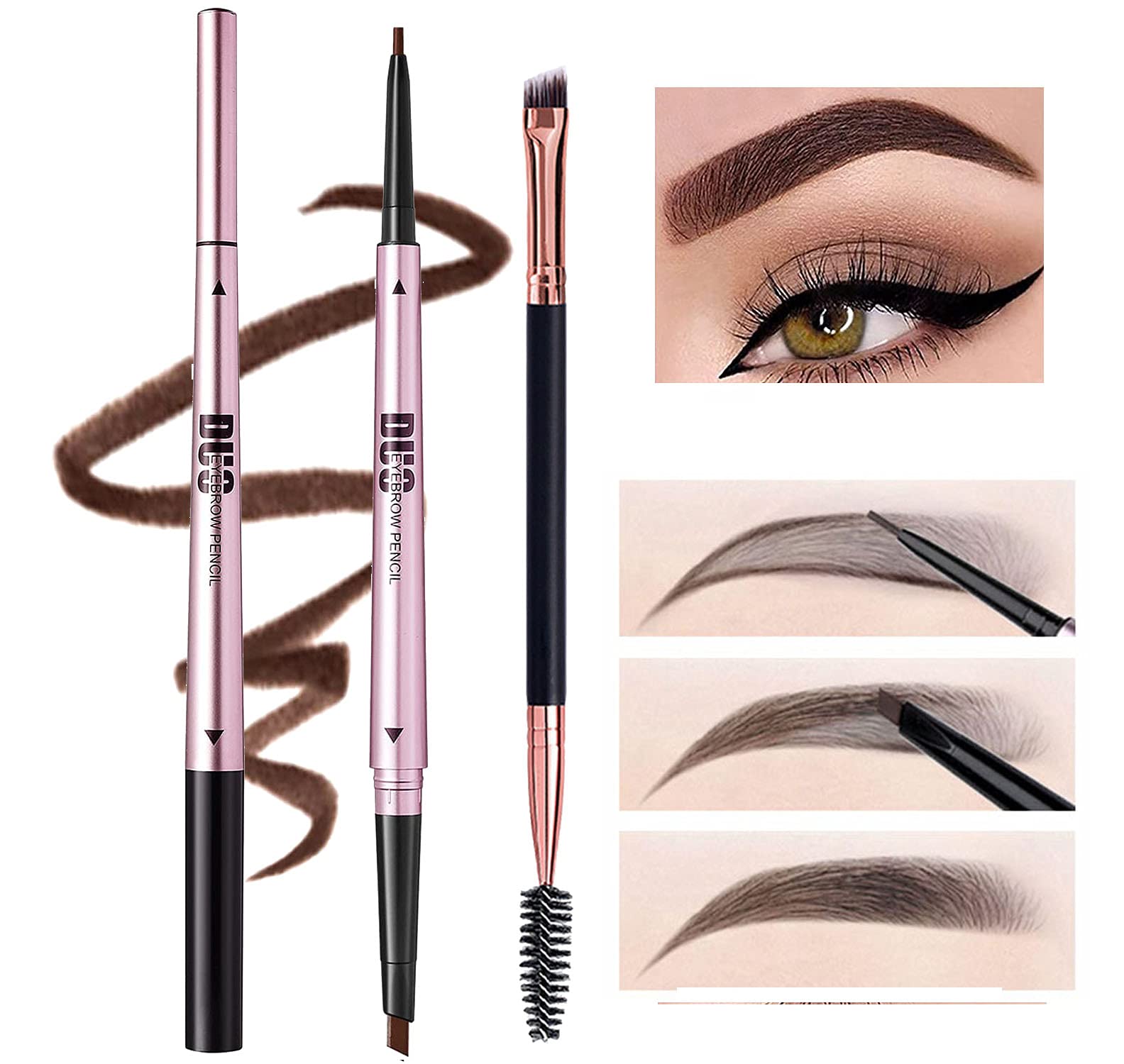 Mihqy 2 PCS Eyebrow Pencil with Brow Brush, Dual Ended Eyebrow Pen, Automatic Makeup Cosmetic Tool(Coffee)