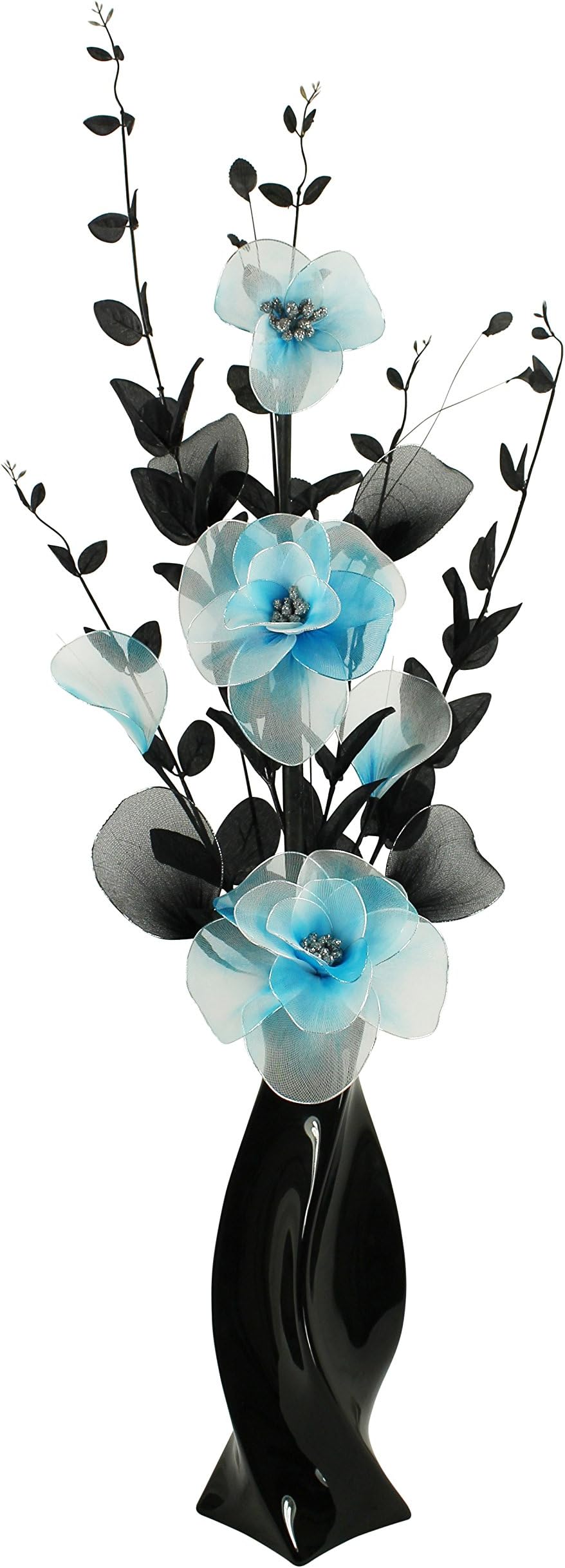 Black Vase with Teal Blue Artificial Flowers, Ornaments for Living Room, Window Sill, Home Accessories, 80cm