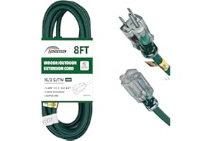 HONDERSON Indoor Outdoor Extension Cord Weatherproof with Lighted End, UL Listed, 16 Gauge 8FT Green 3 Prong Heavy Duty Extension Cord, 16/3 SJTW 13A Power Extension Cord for Outdoor Lights, Lawn