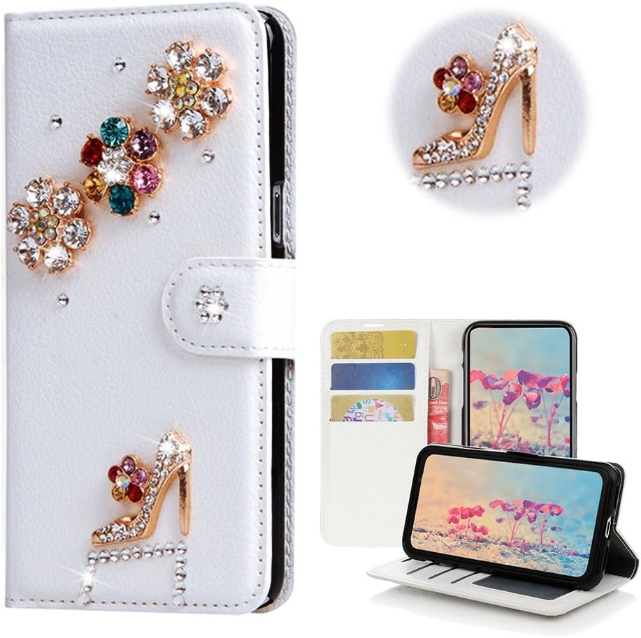 STENES BlackBerry KEY2 LE Case - Stylish - 3D Handmade Bling Crystal Girls High Heel Floral Magnetic Wallet Credit Card Slots Fold Stand Leather Cover for BlackBerry KEY2 LE - Multicolor