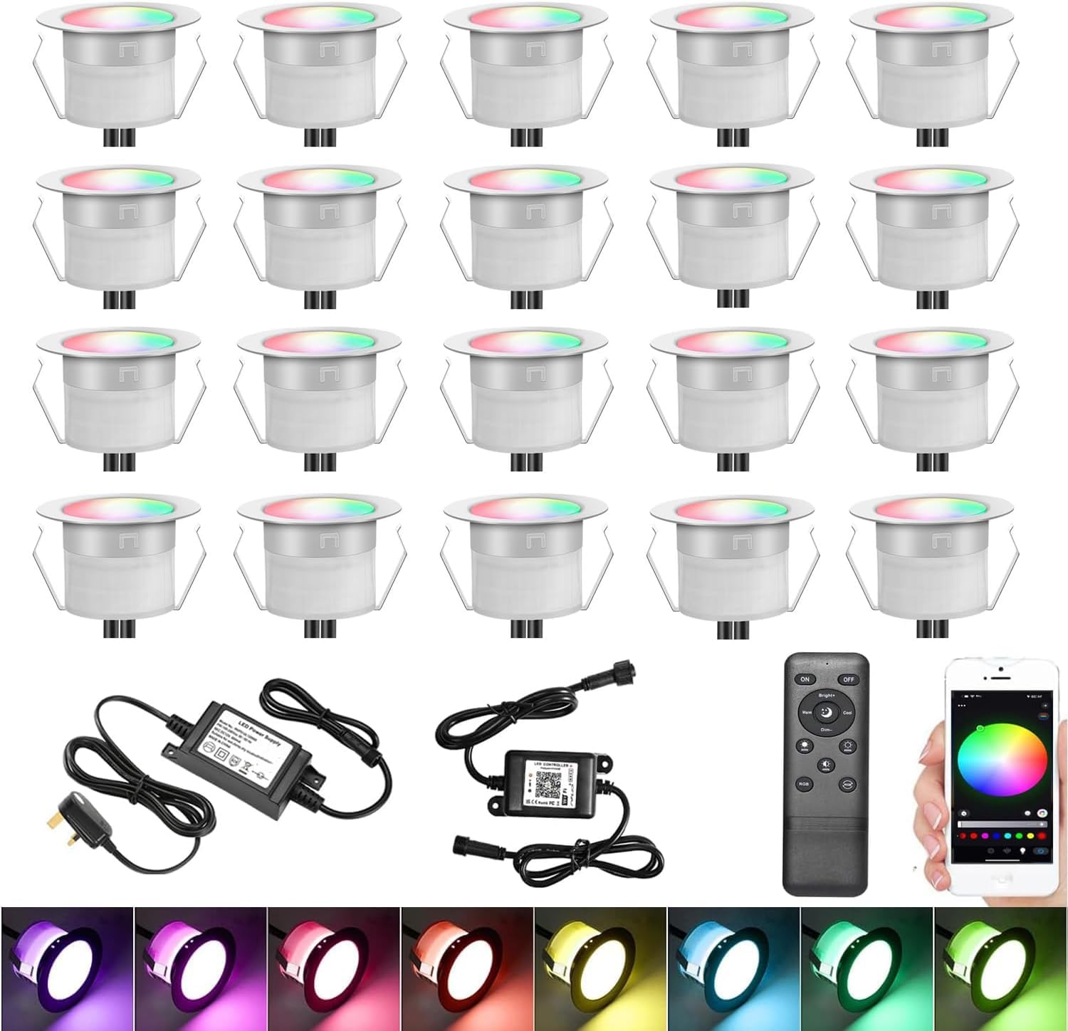 GEYUEYA Home WiFi LED Decking Lights, Ø31MM RGBWW(Warm White+RGB) Phone Control Low Voltage Recessed Deck Lighting for Terrace Patio Path Wall Garden Decoration- 20 Packs