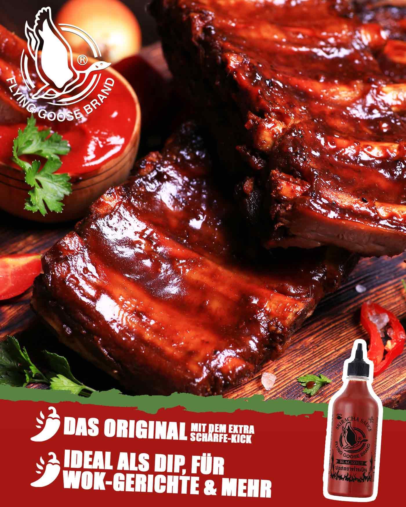 FLYING GOOSE Sriracha Chilisauce, mit extra Schärfe, extrem scharf, schwarze Kappe, extra scharfe Würzsauce aus Thailand, 1 x 455 ml 4