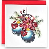 HAIANCO Handmade Christmas Card with 3D Quilling Poinsettia and Ornaments Holiday Greeting Card Blank Inside Includes Envelope Unique Paper Art Gift