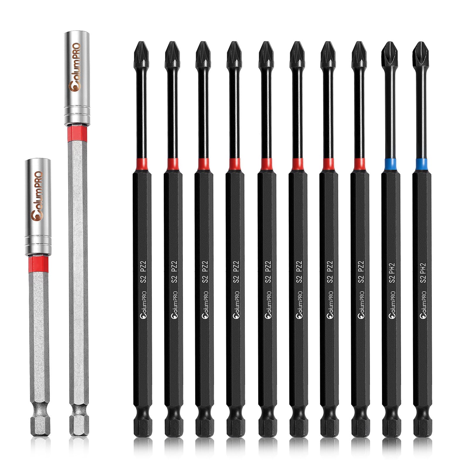 ColumPRO 12PCS PH2 & PZ2 Magnetic Impact Driver Bits Set, 8PZ2 + 2PH2 Screwdriver Bit Sets for Daily Screwdriving Needed with 150 mm + 100 mm Extension Bit Holders