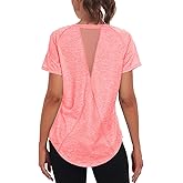 Beuwltpa Women's Long Workout Tops,Short Sleeve Dry-Fit Mesh Open Back Loose Fit Gym Athletic Running Shirts Exercise Tee