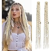 REECHO Clip in Braid Hair Extensions for Women, 20" Boho Dreadlock Clip in Braids with Beads & Charms, 2PCS Handmade Synthetic Braided Hairpieces for Cosplay Daily Styling, Light Blonde