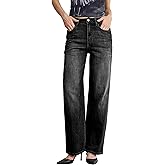 Menbnua Women's High Waist Multiple Wash Straight Wide Leg Jeans Stretchy Tummy Control Classic Baggy Denim