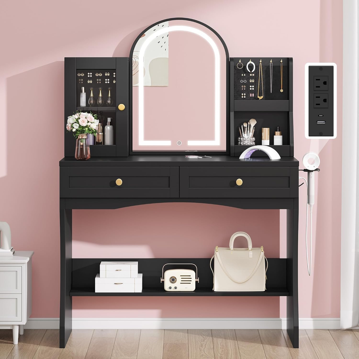 Photo 1 of DWVO Makeup Vanity with Semicircle Mirror and Lights, Black Vanity Makeup Desk with Charging Station, Jewelry Storage Cabinet Shelves, Princess Style Vanity Table for Bedroom, 3 Lighting Modes 