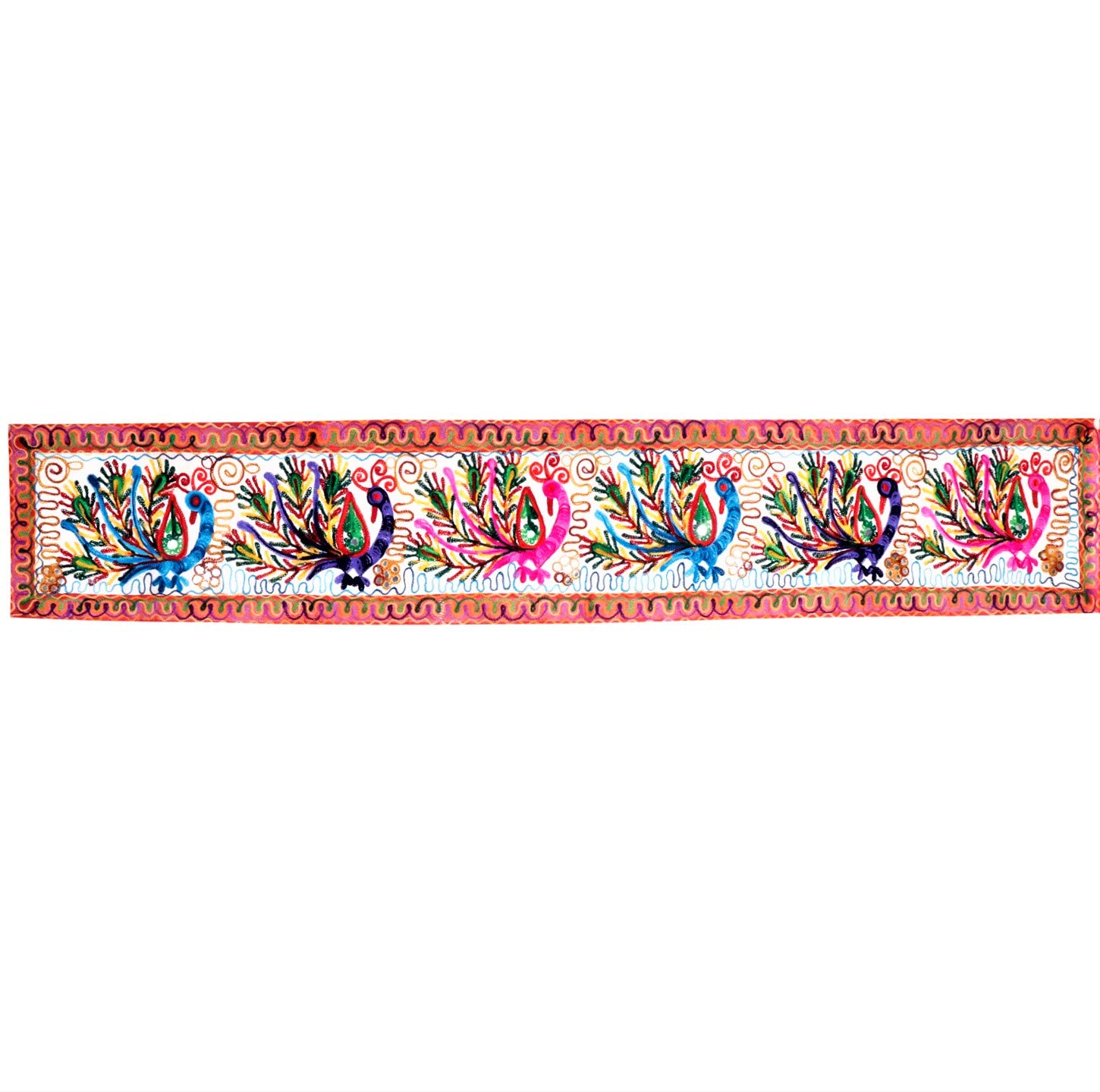 Purpledip Cotton Tapestry 'Peacocks Jambooree': Vintage Embroidery Table Runner or Wall Hanging (11485)