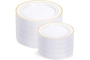 I00000 200 Pcs Gold Plastic Plates - Disposable Party Plates, Gold Plates Disposable Include 100 Dinner Plates and 100 Elegant Dessert Plates, Plastic Plates for Party, Holiday, Wedding & Birthday