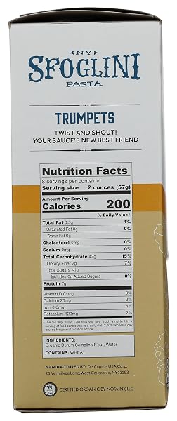 SFOGLINI—ORGANIC DURUM SEMOLINA TRUMPETS—MADE WITH TRADITIONAL TECHNIQUES & WHOLESOME ORGANIC GRAIN—HOLDS TIGHT TO SAUCE—16 OZ BOX