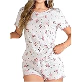 MakeMeChic Women's Valentine Pajamas Summer 2 Piece Short Sets Floral Lettuce Trim Crew Neck Tee and Shorts