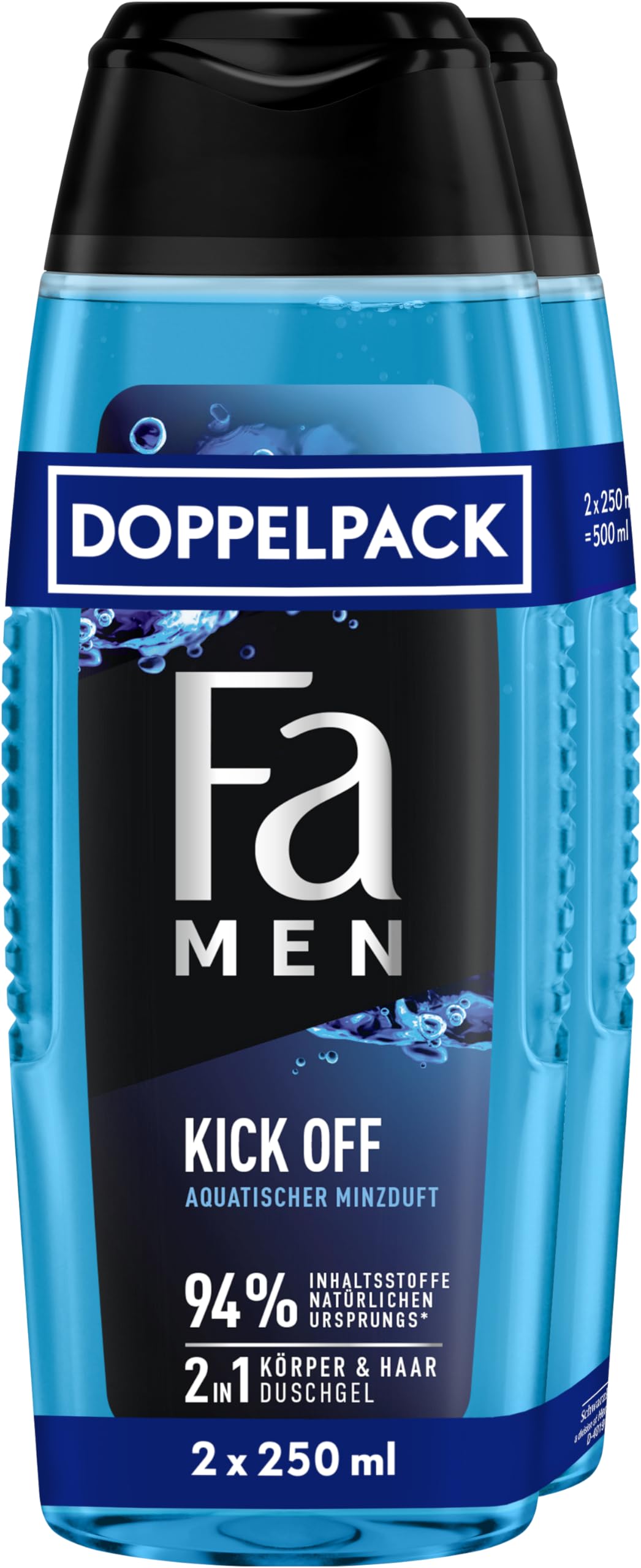 FA Men 2-in-1 Kick Off Shower Gel, Pack of 2 (2 x 250 ml), 2-in-1 Formula for Hair and Body, Activate Your Senses with the Intense, Masculine-Fresh Fragrance of Eucalyptus and Aquatic Mint