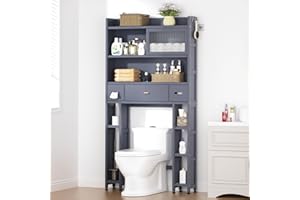 Cozivolife Over The Toilet Storage Cabinet with Acrylic Sliding Door Panel, Bamboo Organizer Shelf with 2 Paper Drawers and 1 Big Drawer,Space Saver Rack for Bathroom (Grey)