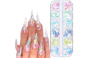 VEZOCIM Iridescent Glitter Nail Art Sequins, Holographic 3D Irregular Ultra Thin Nail Art Glitter Flakes Design, Shiny Mermaid Nail Glitter Slices Resin Acrylic Supplies for Women Girls Manicure Decorations