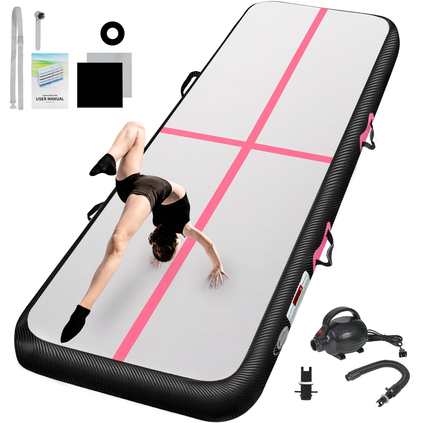 Inflatable Gymnastics Mat 10ft/13ft/16ft/20ft/ Air Tumbling Track Mats 4/8 inches Thick for Home Use/Training/Cheerleading/Yoga/Water with Pump 10ft x 6.5ft x 8inch Pink Black Image