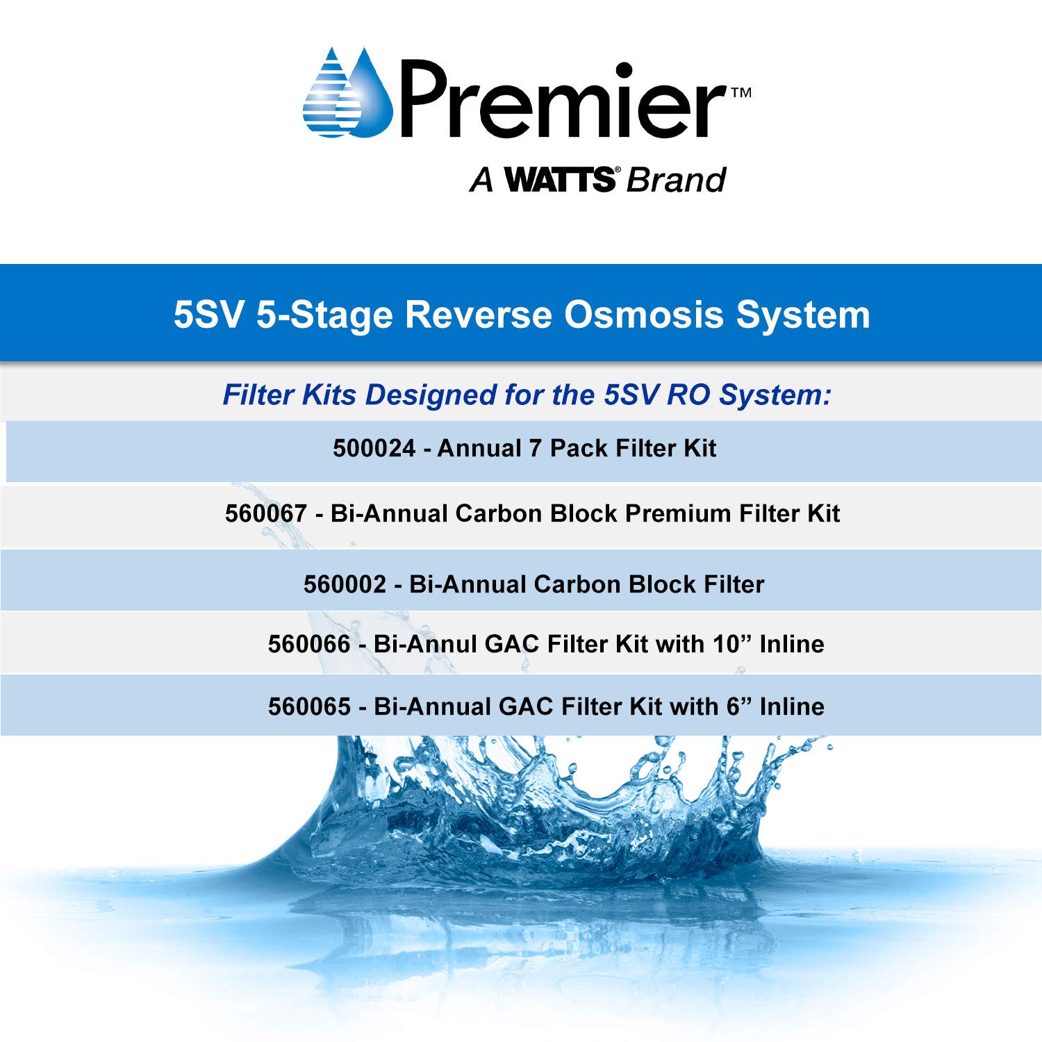 Watts Premier 5SV 5 Stage Reverse Osmosis System, Chrome Air Gap Faucet, 3 Gallon RO Storage Tank, Sediment Filter, 2 Carbon Block Filter, Membrane, GAC Inline Filter