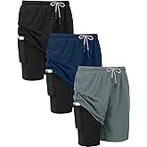 HovSiyla 3 Pack Mens 2 in 1 Running Shorts Gym Workout Quick Dry Athletic Training Liner Ligheweight with Zipper Pocket