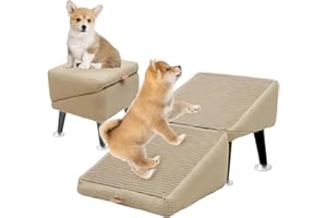 Split Dog Ramp,Folding Pet Ramp and Stairs, Lightweight Steps for Small and Large Dogs, Indoor and Outdoor Use (Khaki, one Si