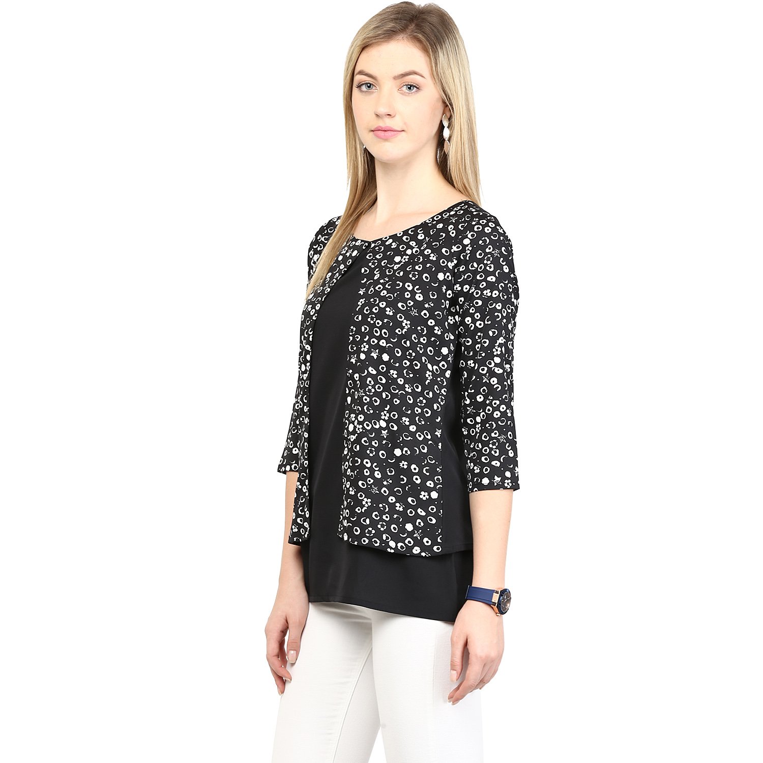 rare black crepe polka dots round neck tops for women (ep1004)
