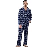 Vulcanodon Men 100% Cotton Pajama Set, Soft Warm Button Down Pajama Sets for Men Comfy Plaid Fun Prints Lounge With Pockets